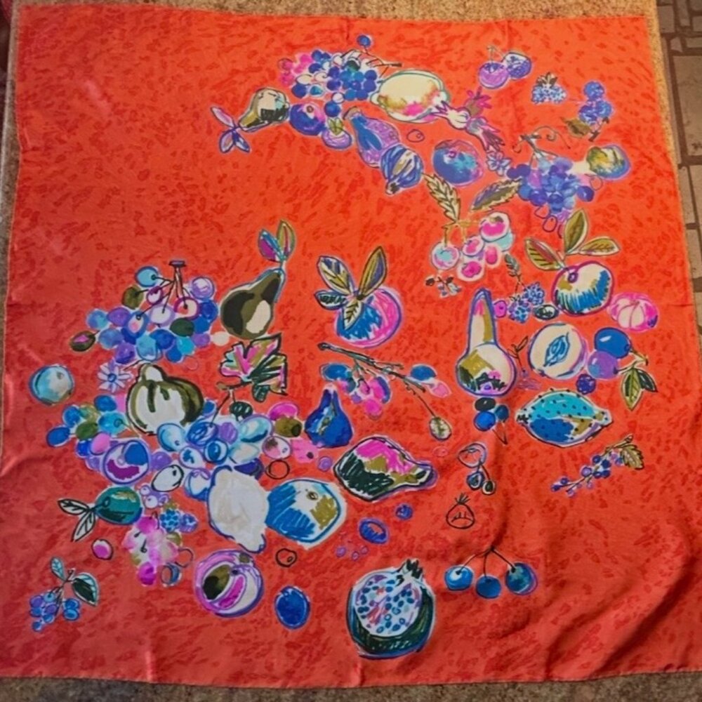 Vintage New Silk Esterel Scarf Made in Italy Orange color with Fruit ~ 33 x 34